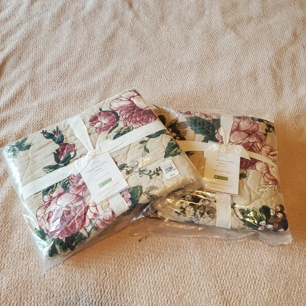 Pottery Barn Adelise Reversible Euro Sham Set of 2 Floral Rose Cotton Linen NEW